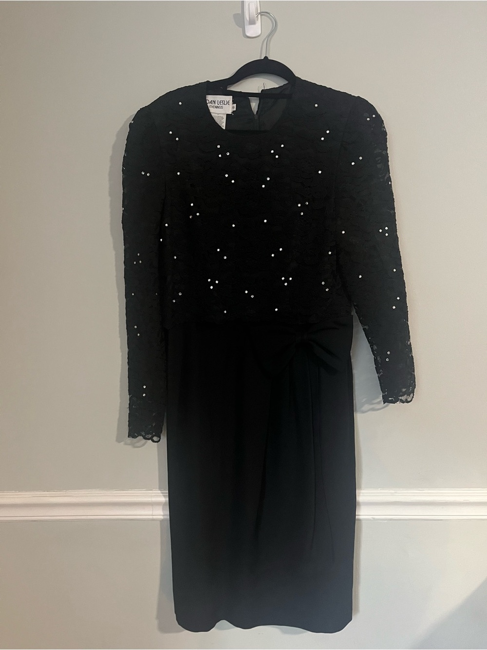 Vintage Joan Leslie Evenings Black Lace Rhinestone Bow Midi Cocktail Dress 8 🇺🇸